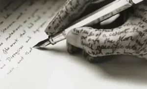 Tarifs des ateliers, Art-thérapie éducative. Main recouverte d'écriture qui écrit avec un stylo encre sur une feuille.